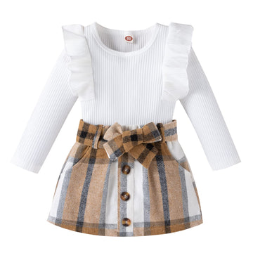 Yccutest Toddler Baby Girl Skirt Outfit Long Sleeve Ruffle Shirt Top Mini Skirt Set 2Pcs Kids Little Girl Clothes Fall Winter (W