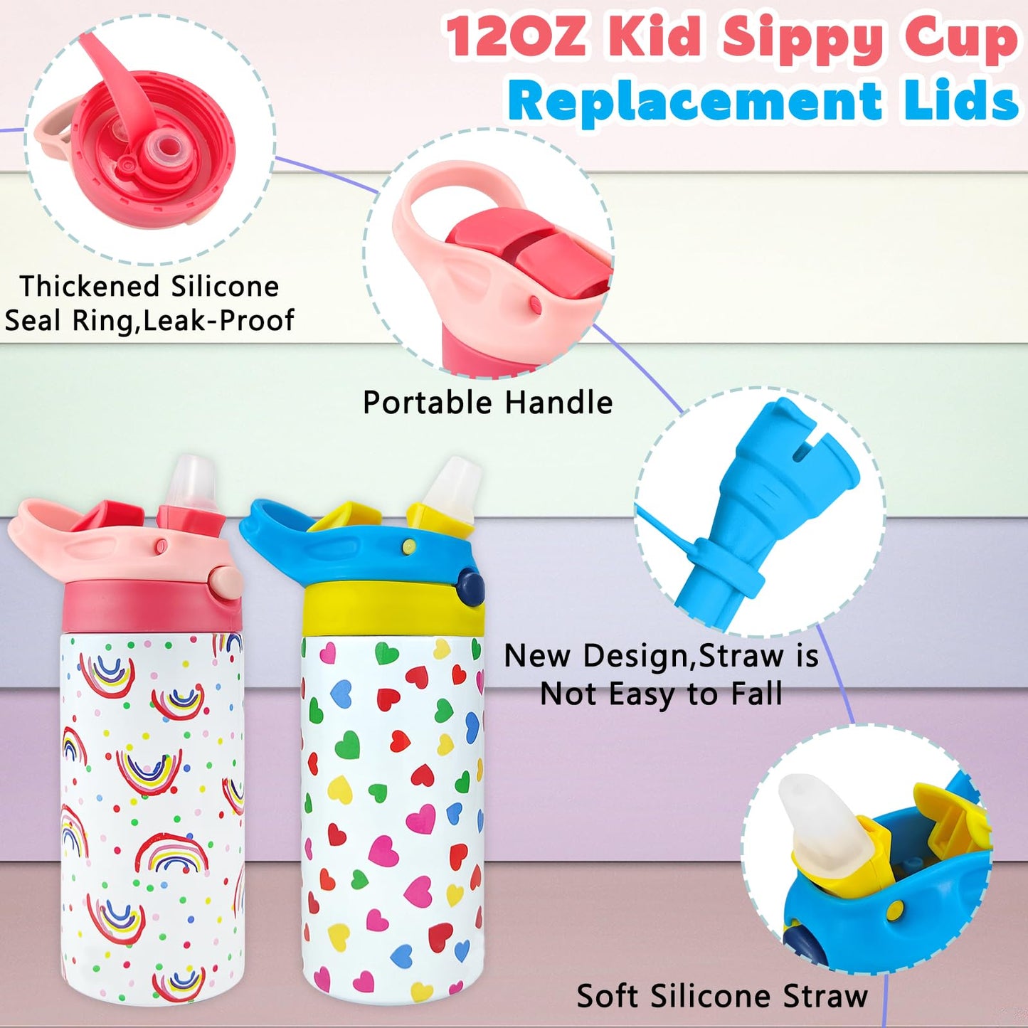 Amgkonp 12Oz Replacement Lid With 2 Straw For Kid Tumbler,2 Pack Leak-Proof And Spill-Proof Straw Lids For Zonegrace Mocaru,Bpa