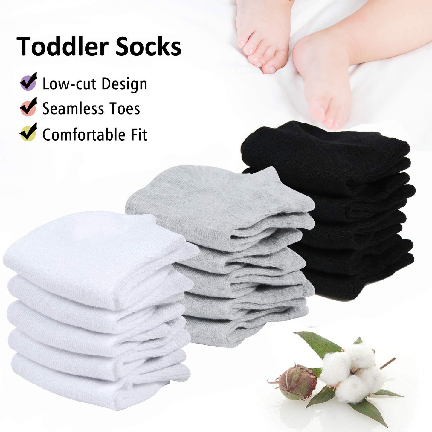 Tenpluszero Toddler Socks - 16 Pack Kids Low Cut Athletic Ankle Socks Baby Boys Girls Breathable Socks Bulk