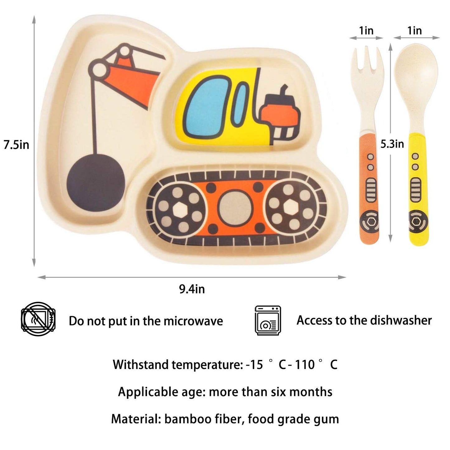 Kid Plate Set Bamboo Toddler Plates Dinnerware Dinner Dish Set Baby Feeding Spill Proof Divided Plate - Baby Spoon and fork 3-Pi