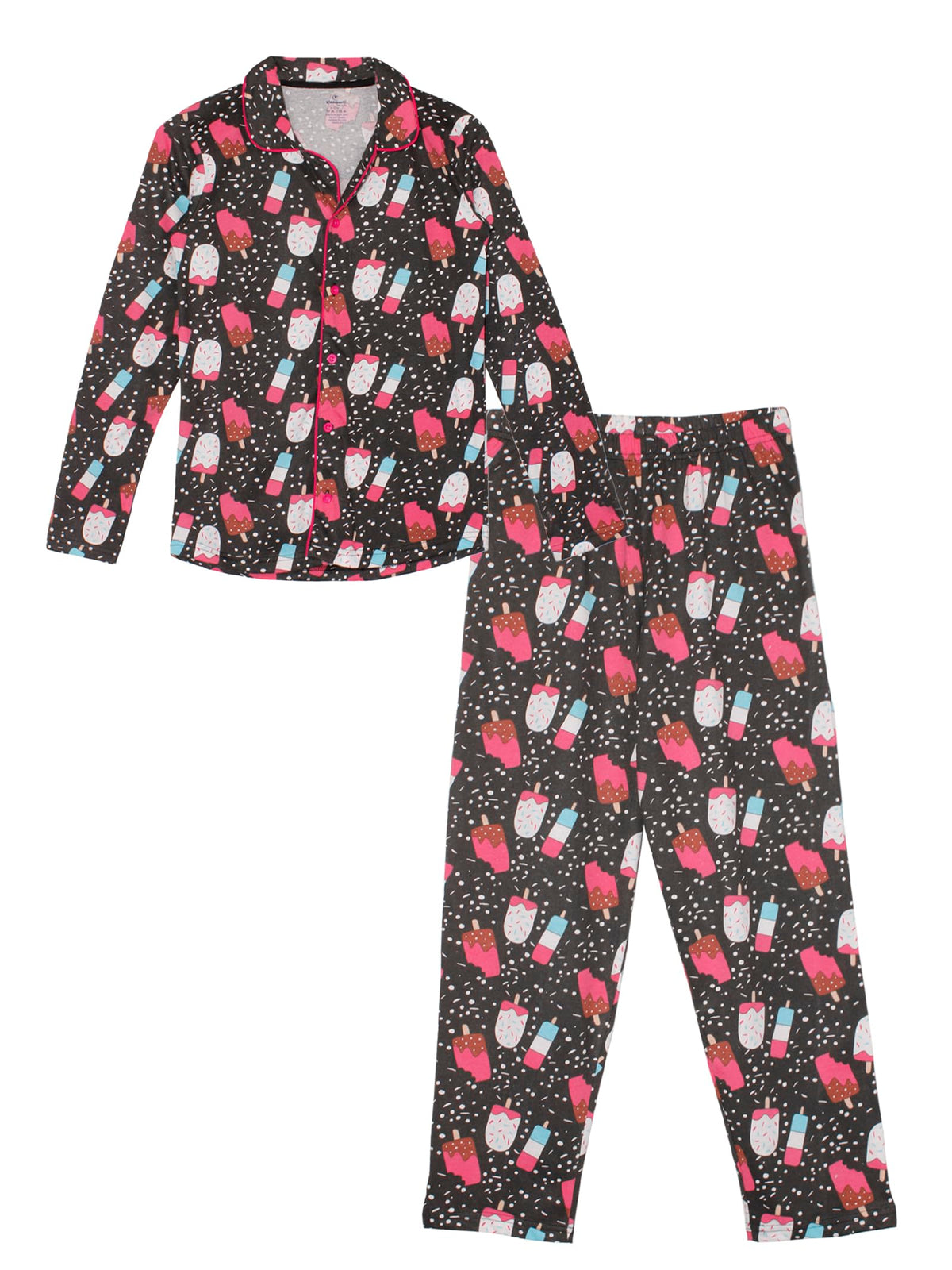 KiddoPanti Girls Cotton All Over Printed Front Open Shirt with Pajama Night Set, Black  810Y