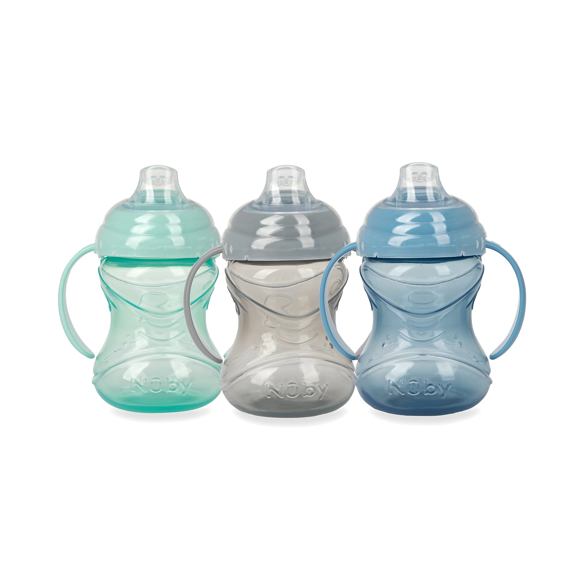 Nuby 3 Piece No-Spill Grip N Sip Cup With Soft Flex Spout, 2 Handle With Clik It Lock Feature, Silicone, Neutral, 10 Ounce