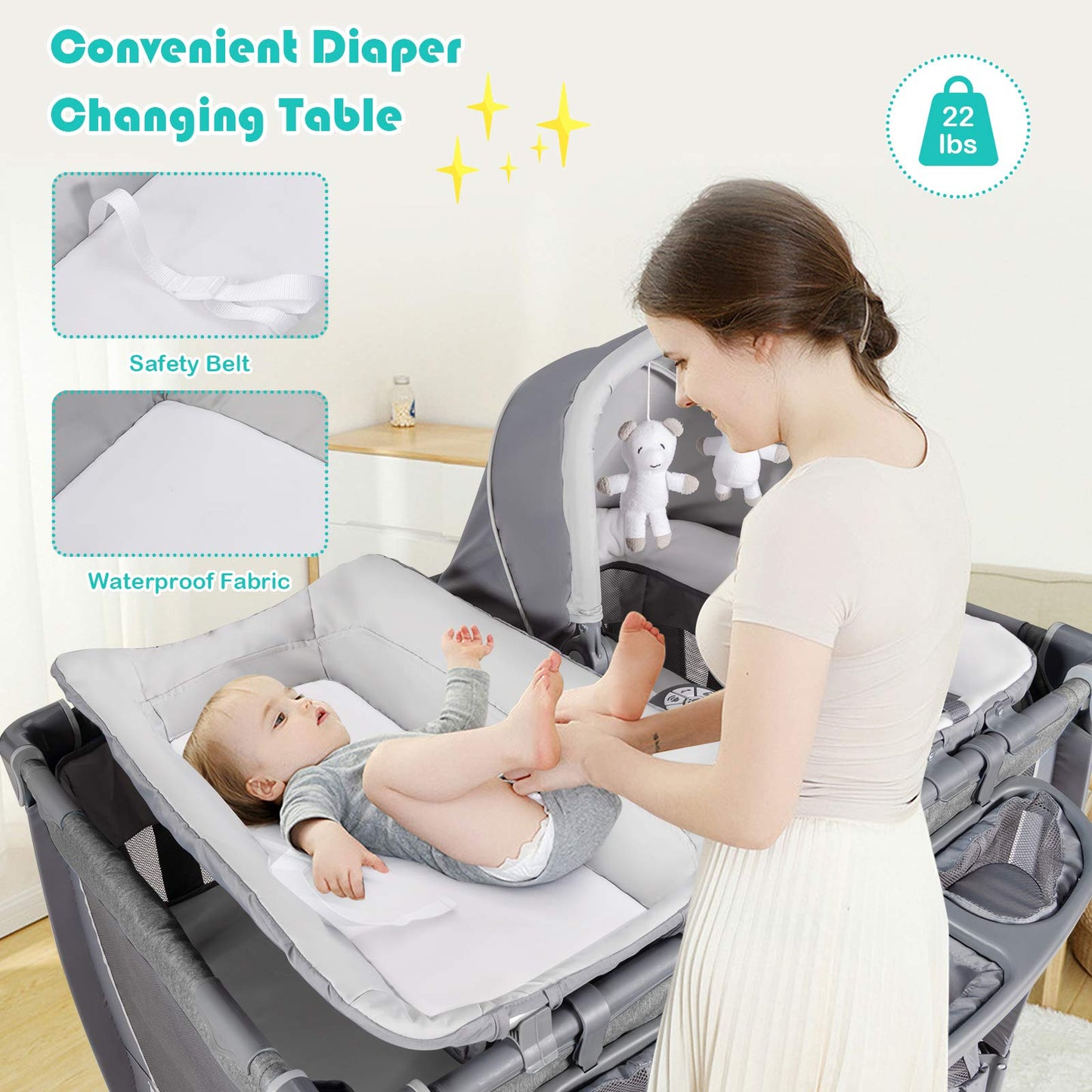 BABY JOY 5 in 1 Pack and Play, Portable Nursery Center Baby Playard w/Bassinet & Diaper Changing Table, Infant Bassinet Activity
