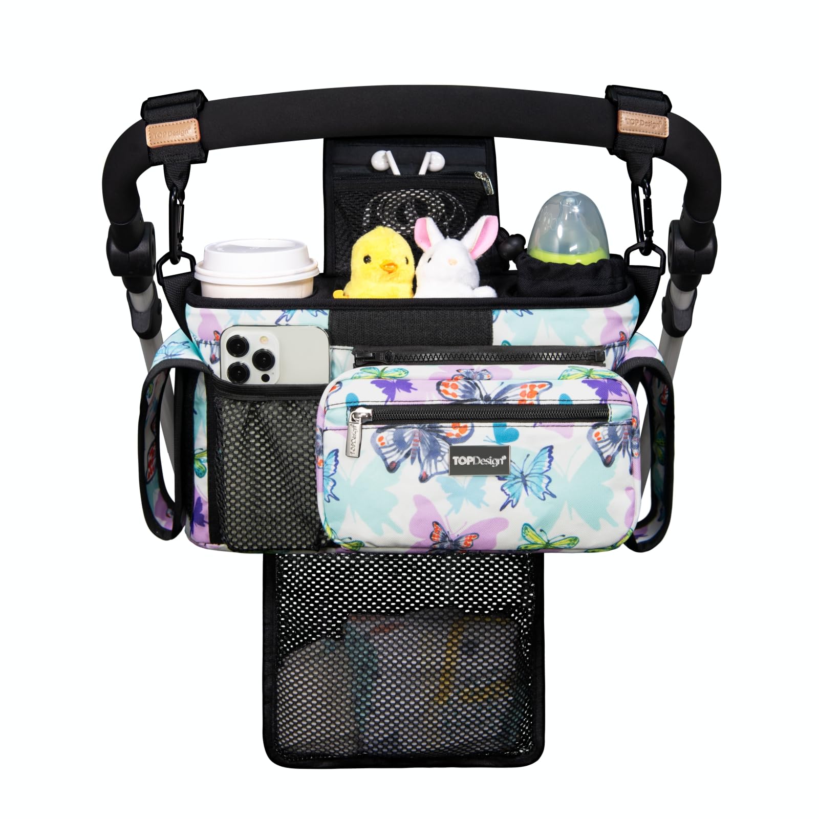 Topdesign Universal Baby Stroller Organizer, Stroller Caddy With Detachable Mesh Bag & Heightened Insulated Cup Holders & Non-Sl
