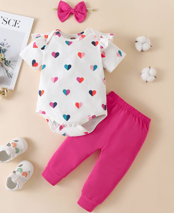 Fullfamous Baby Girl Clothes Gifts Outfits,Spring Summer Short Sleeve Romper And Pant Set Raspberry Heart Newborn