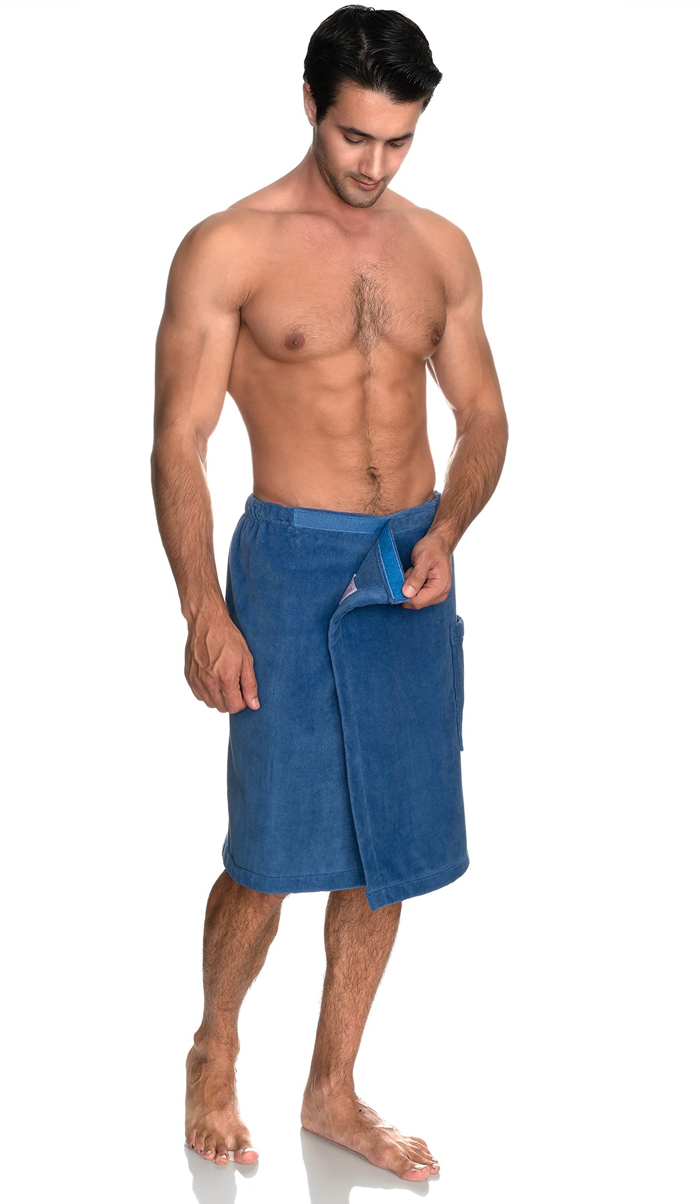 Towelselections Mens Shower Wrap Adjustable Cotton Terry Velour Wrap Gym Body Cover Up Small/Medium Dutch Blue