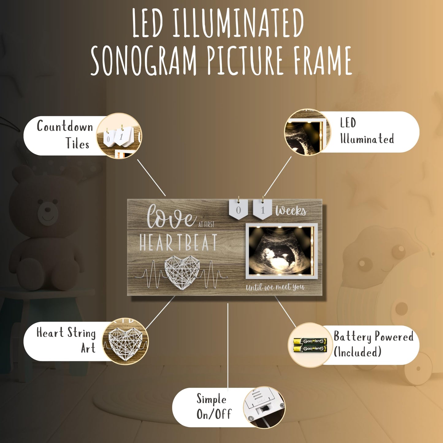 Led Illuminated Baby Sonogram Picture Frame - Countdown Weeks Feature, 4'X3' Ultrasound Photo For Pregnancy Announcements, Gen
