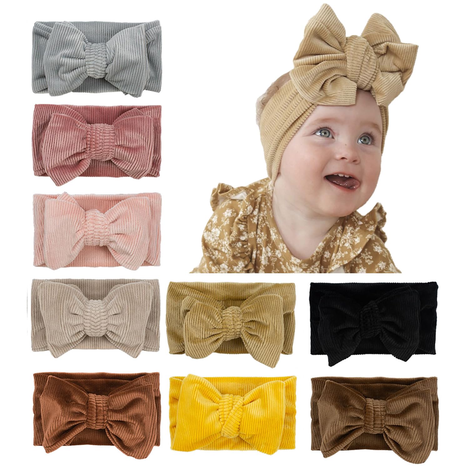 Jiahang Baby Bows Turban Knotted Head Wraps, Corduroy Big Hair Bow Headbands, Stretchy Hair Bands For Newborn Infant Toddlers Gi