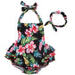 One Piece Redbub Floral Ruffles Rompers Bathing Suits Dress With Headband (Medium,Black)