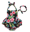 One Piece Redbub Floral Ruffles Rompers Bathing Suits Dress With Headband (Medium,Black)