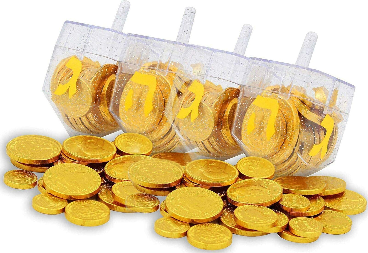 The Dreidel Company Hanukkah Fillable Transparent Clear Can Be Filled With Hanukkah Gelt Or Hanukkah Chocolate (4-Pack)