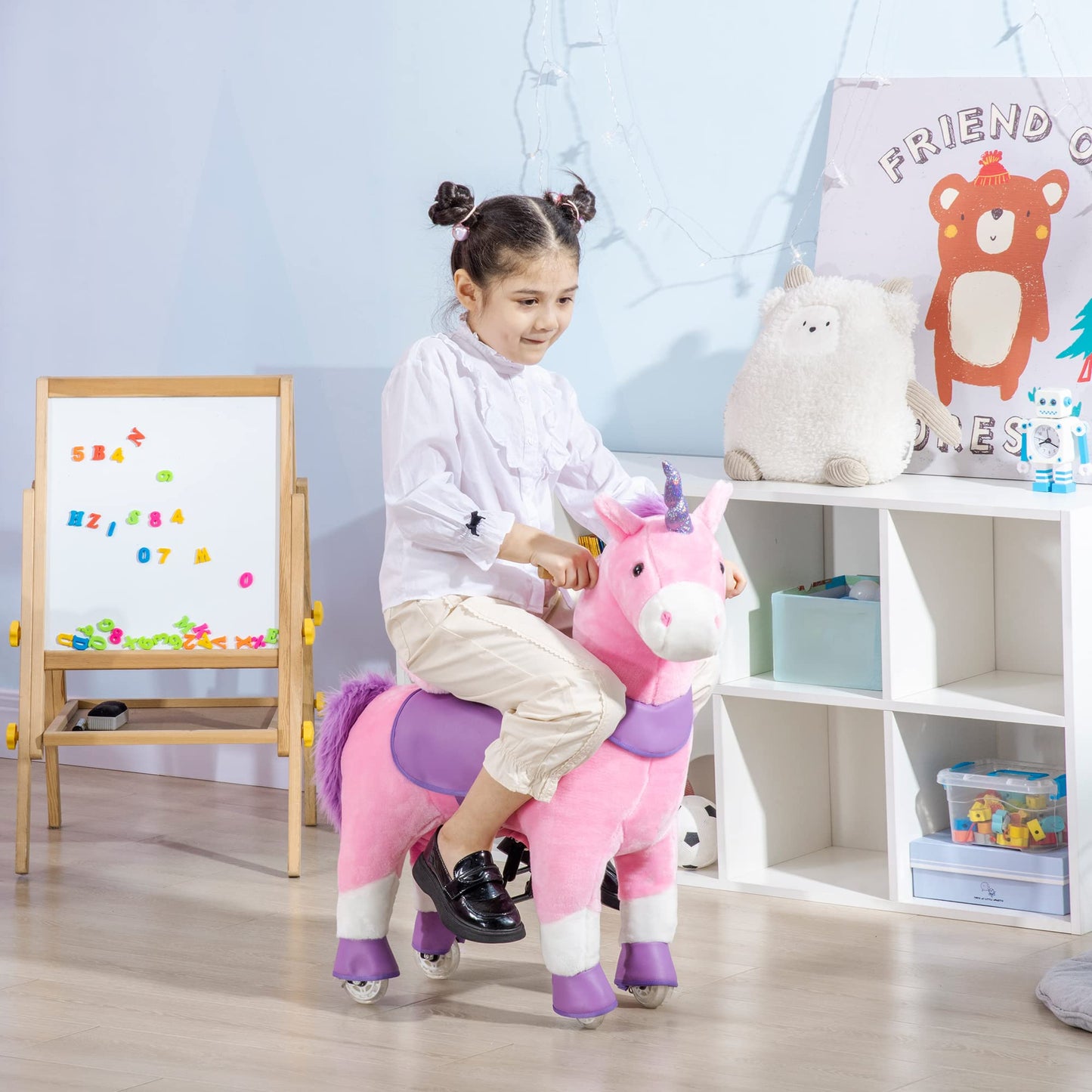 Qaba Ride On Real Walking Unicorn with Sparkly Horn, Soft Plush Ride On Rocking Horse Bearing 176lbs, Imaginative Interactive To