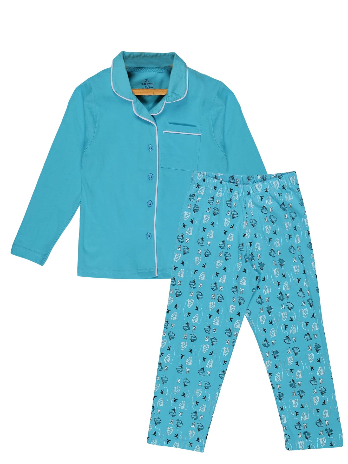 KiddoPanti Girls Front Open Shirt & AOP Pyjama Set, Aqua Blue, 46Y