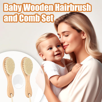 Wooden Baby Hair Brush And Comb Set, 2Pcs Natural Soft Goat Bristles Brush With Baby Shower Scrubber Perfect Scalp Grooming Prod