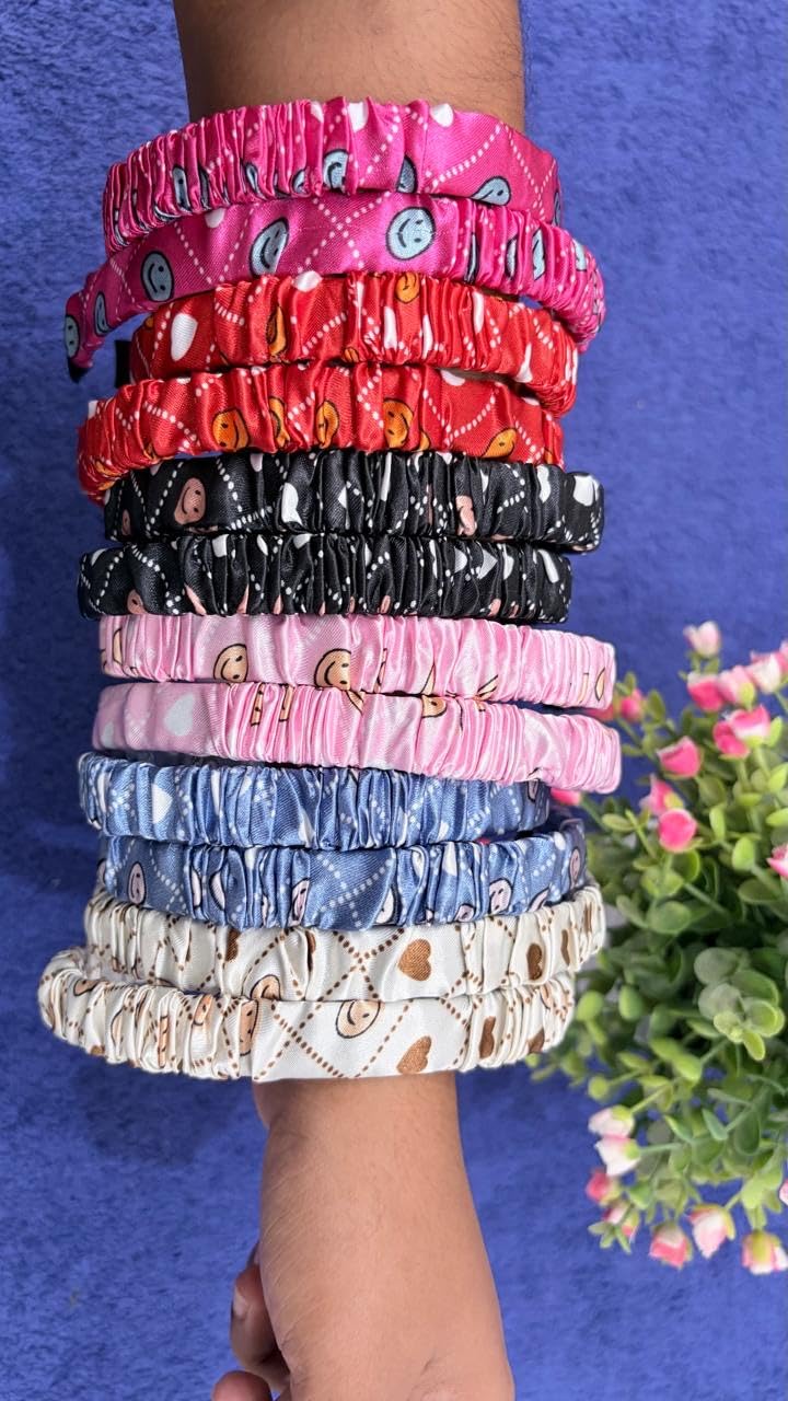 Ruched Satin Hair Band, Multicolour, Printed, Scrunchie Headband for Girls, Pack of 7