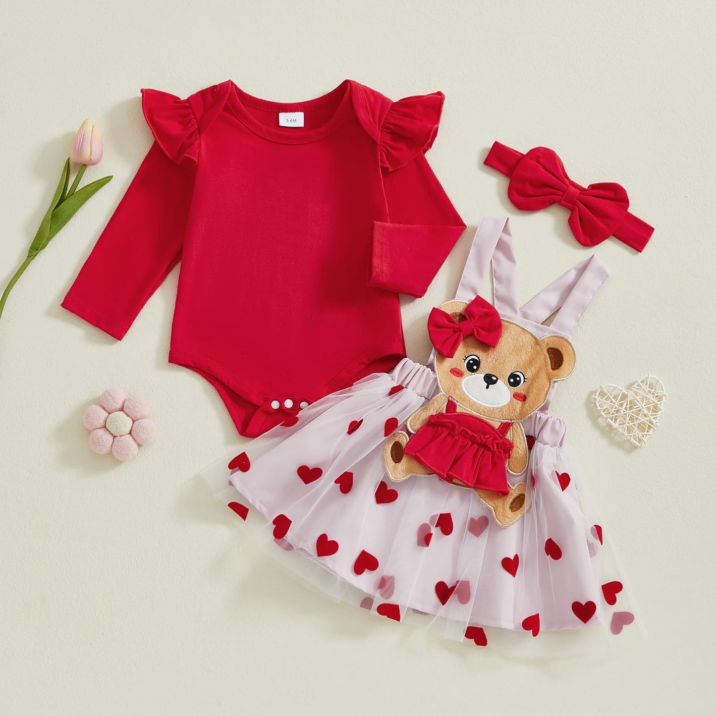 Christmas Baby Girl Outfit Newborn Cute Elk Fly Sleeve Romper Overall Dress Infant Girls Fall Winter Skirt Set (Heart Valentines