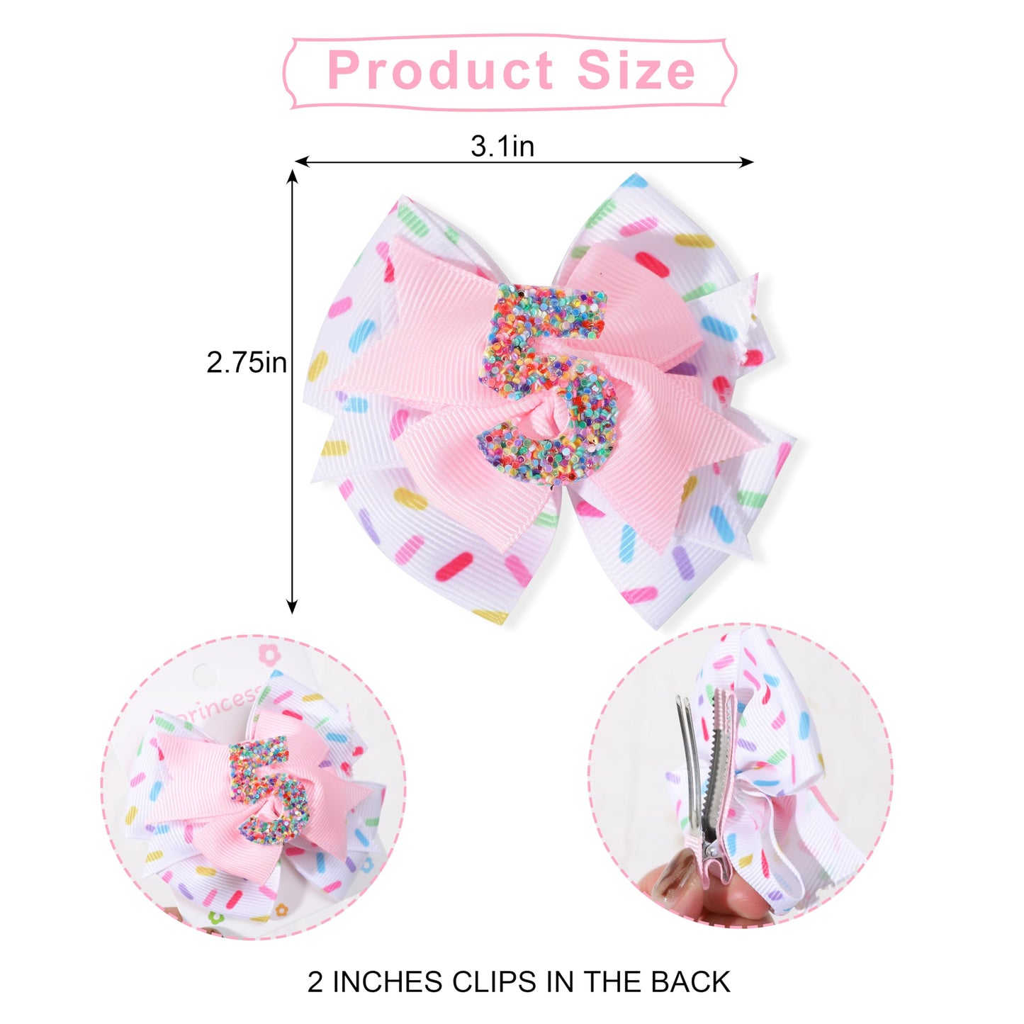 Jissoo Hair Clip - 1St Birthday Pink Bow Party Decorations, Confetti Ice Cream For Girls, 5Th Baby Girls Hair Bow, Hair Clip