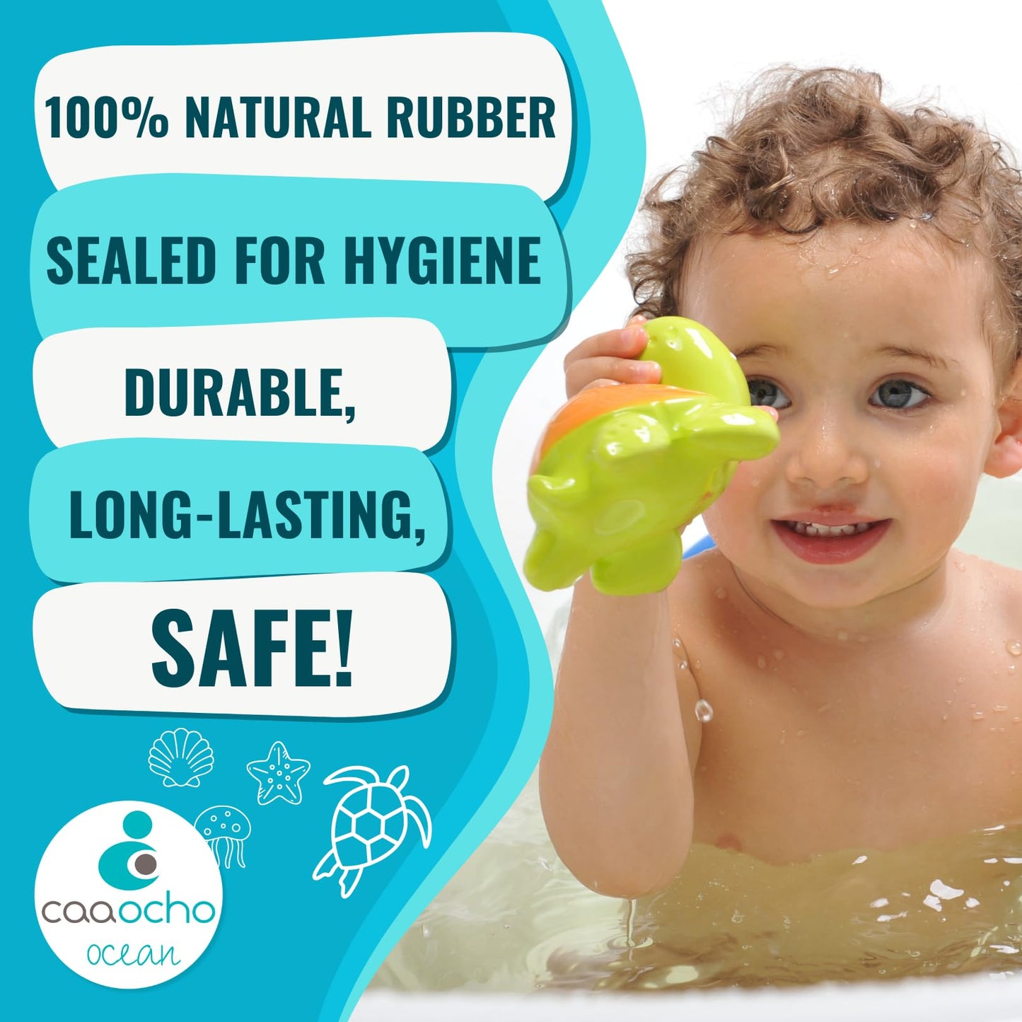 CaaOcho Pure Natural Rubber Bath Toy - Mele The Sea Turtle Baby Toy - Hole Free Bath Toys, BPA Free Bath Toys for Infants, Witho