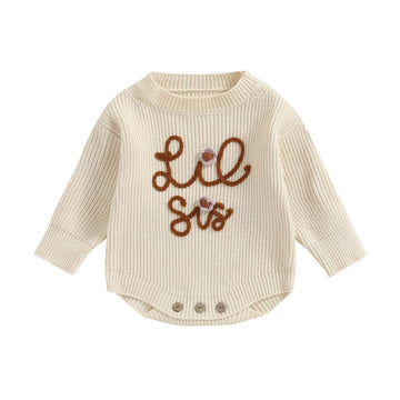 Visgogo Big Little Sister Matching Sweater Baby Girls Knitted One-Piece Outfits Toddler Brother Sweatshirt Clothes (Beige-Lil Si
