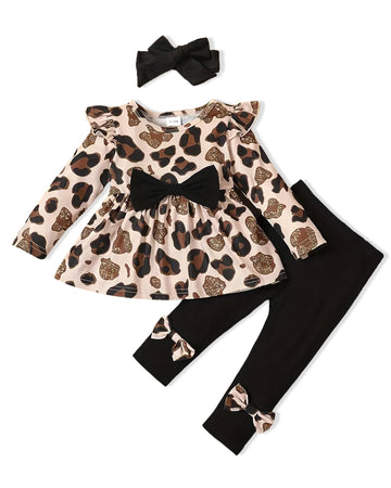 12 Month Girl Clothes Baby Girl Clothes Toddler Girl Outfits Fall Cute Ruffle Leopard Shirt +Solid Black Pants Set Infant Winter