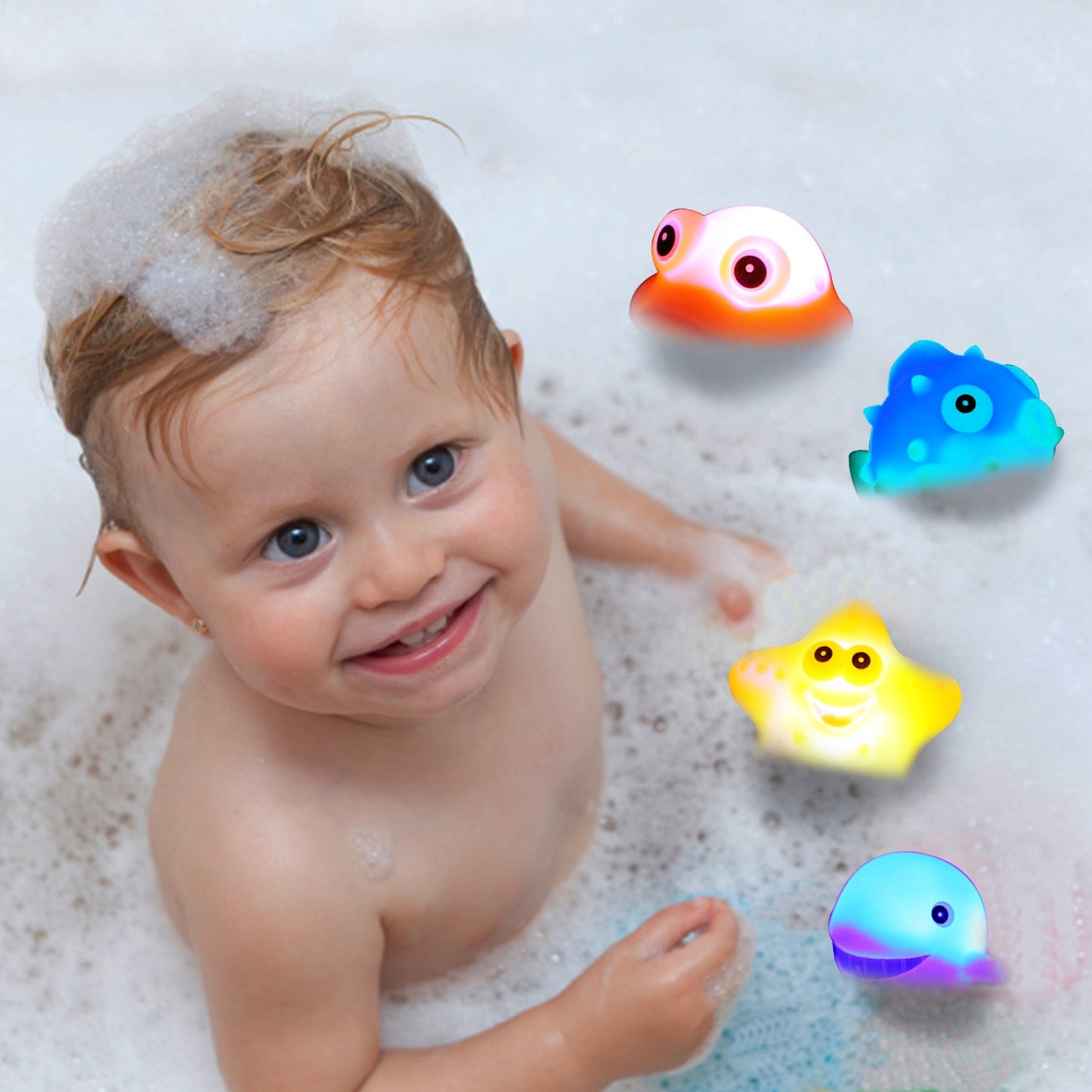 Bath Toys, 8 Pcs Light Up Floating Rubber Animal Toys Set, Flashing Color Changing Light in Water, Baby Infants Kids Toddler Chi