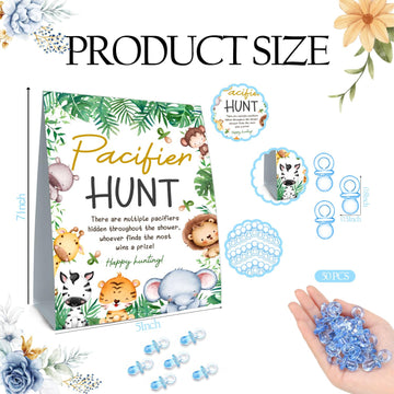 Guawubiang 51Pcs Cute Animals Decor Baby Shower Games, Include Baby Pacifier Hunt Sign And 50 Blue Mini Pacifiers, Mini Pacifier