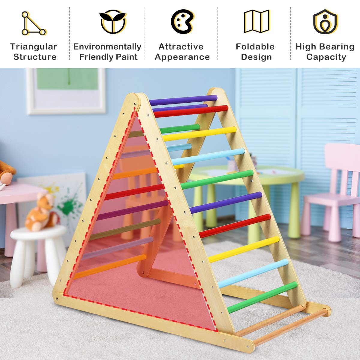 Honey Joy Triangle Climber With Ramp, 2-In-1 Indoor Toddler Climbing Triangle Set With Ladder & Slide, Foldable Wooden Kids Clim