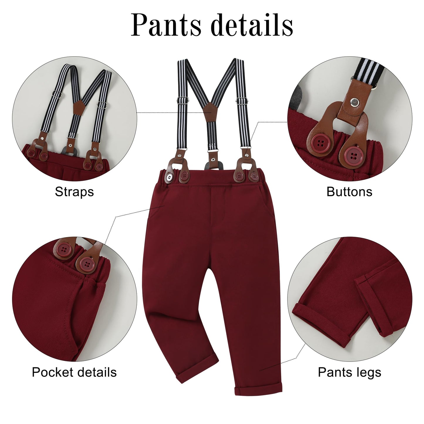 Yallet Toddler Baby Boy Clothes Suit Gentleman Wedding Outfits, Formal Dress Shirt+Bowtie+Vest+Boutonniere+Suspender Pants(V Red