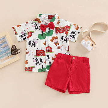 Visgogo Toddler Boys Outfits Farm/Circus Cartoon Animal Print Shirts With Bow Tie Shorts Set (Red Farm, 1-2T)