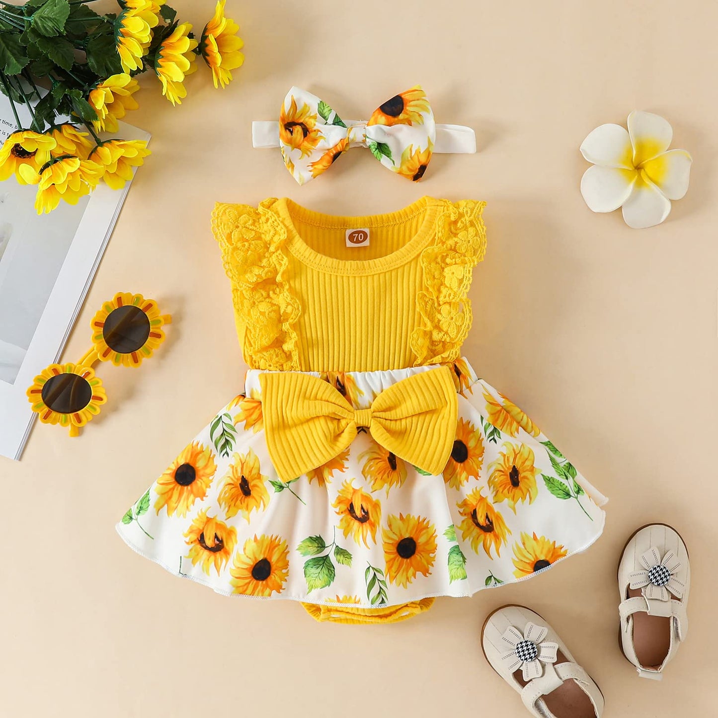 Mubineo Baby Girl Summer Clothes Outfits Sleeveless Lace Floral Romper Dress Newborn Outfit (Yellow Sunflower, 3-6 Months)
