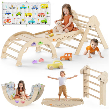 Pikler Triangle Set With Cushion 9 In 1 Foldable Montessori Climbing Toys For Toddlers 1-3 Indoor Wooden Kids Playground Baby Cl