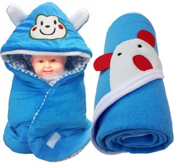 BRANDONN Newborn Combo of Shearing Velvet and Fleece Hooded Baby Blanket (Pack of 2, Blue)