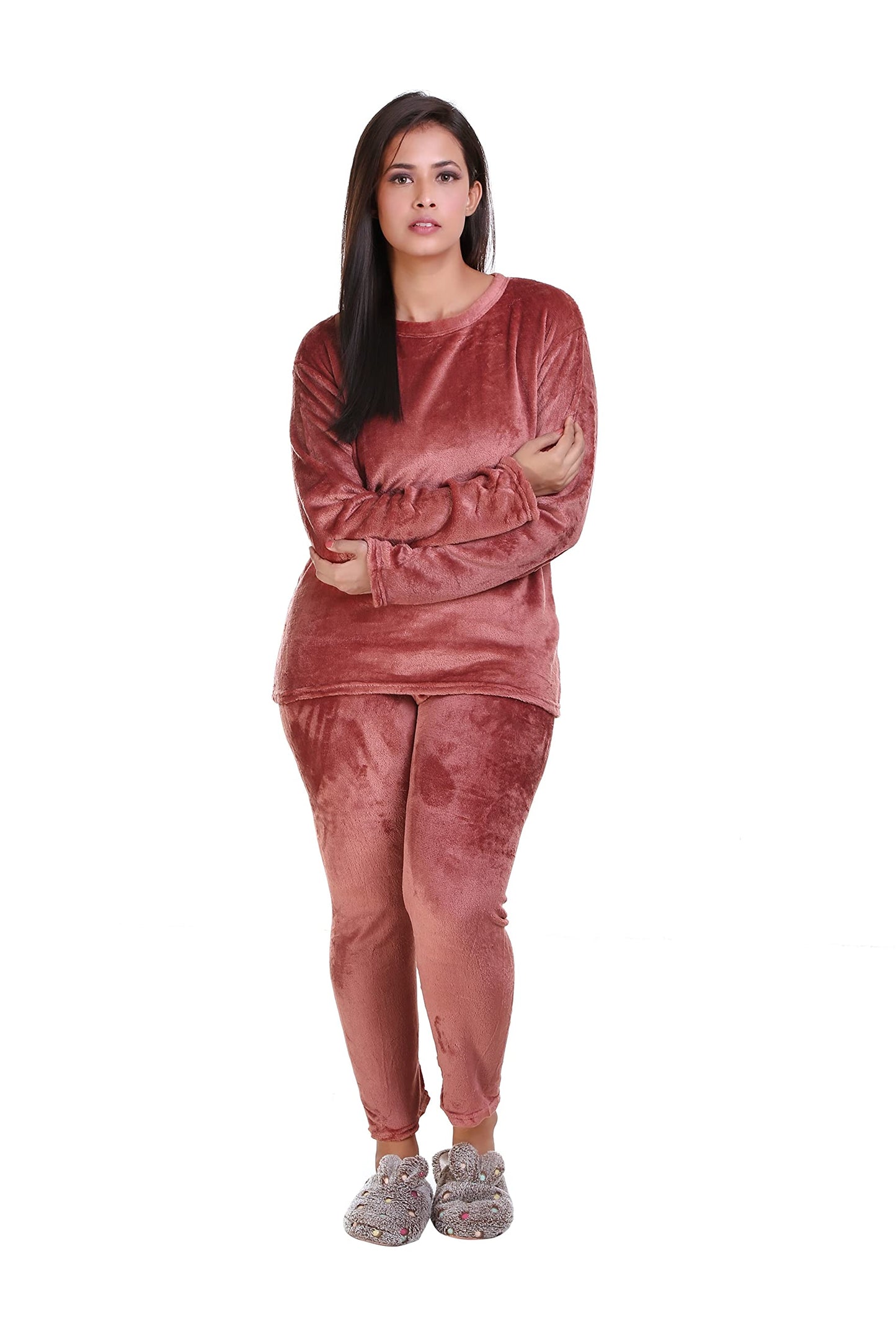 MUKHAKSH (Pack of 1 Set = 1 Pyjamas + 1 Top Girls Plain Dark Apricot Winter Woolen Fleece Night Suit (1718 Year) Very Comfortal