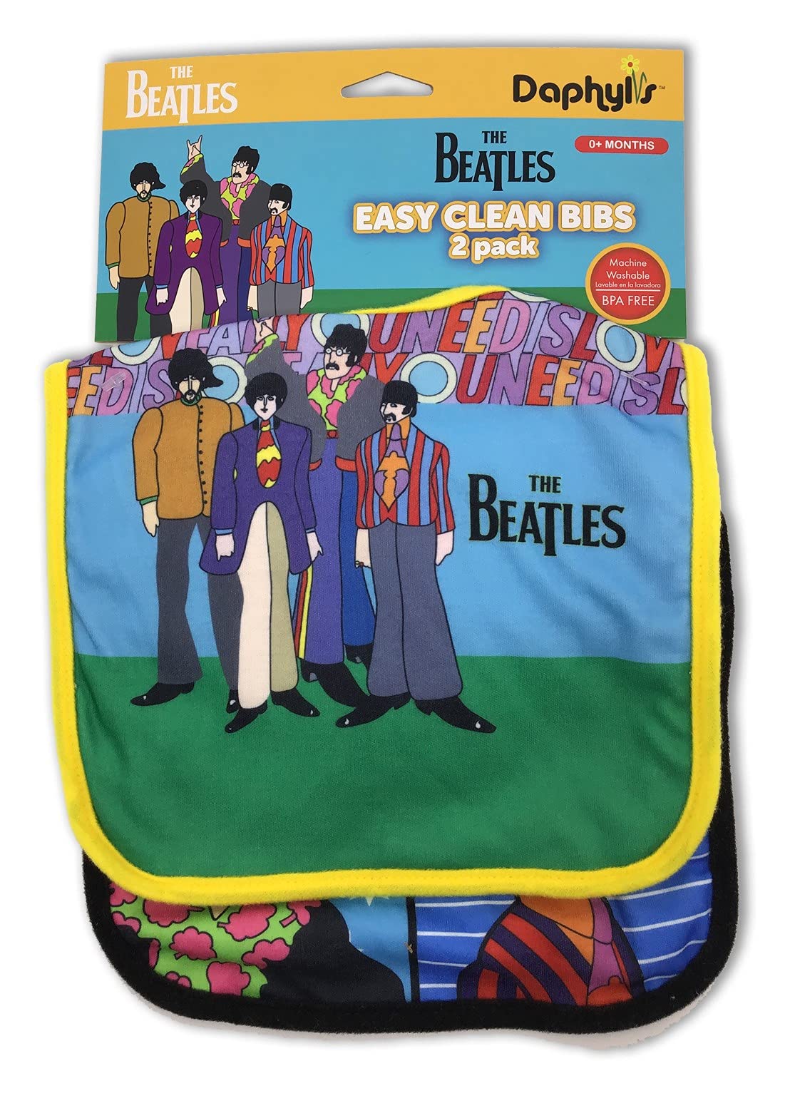 Daphyls The Beatles, All You Need Is Love, Extra Soft Meal Time Bibs 2 Pack