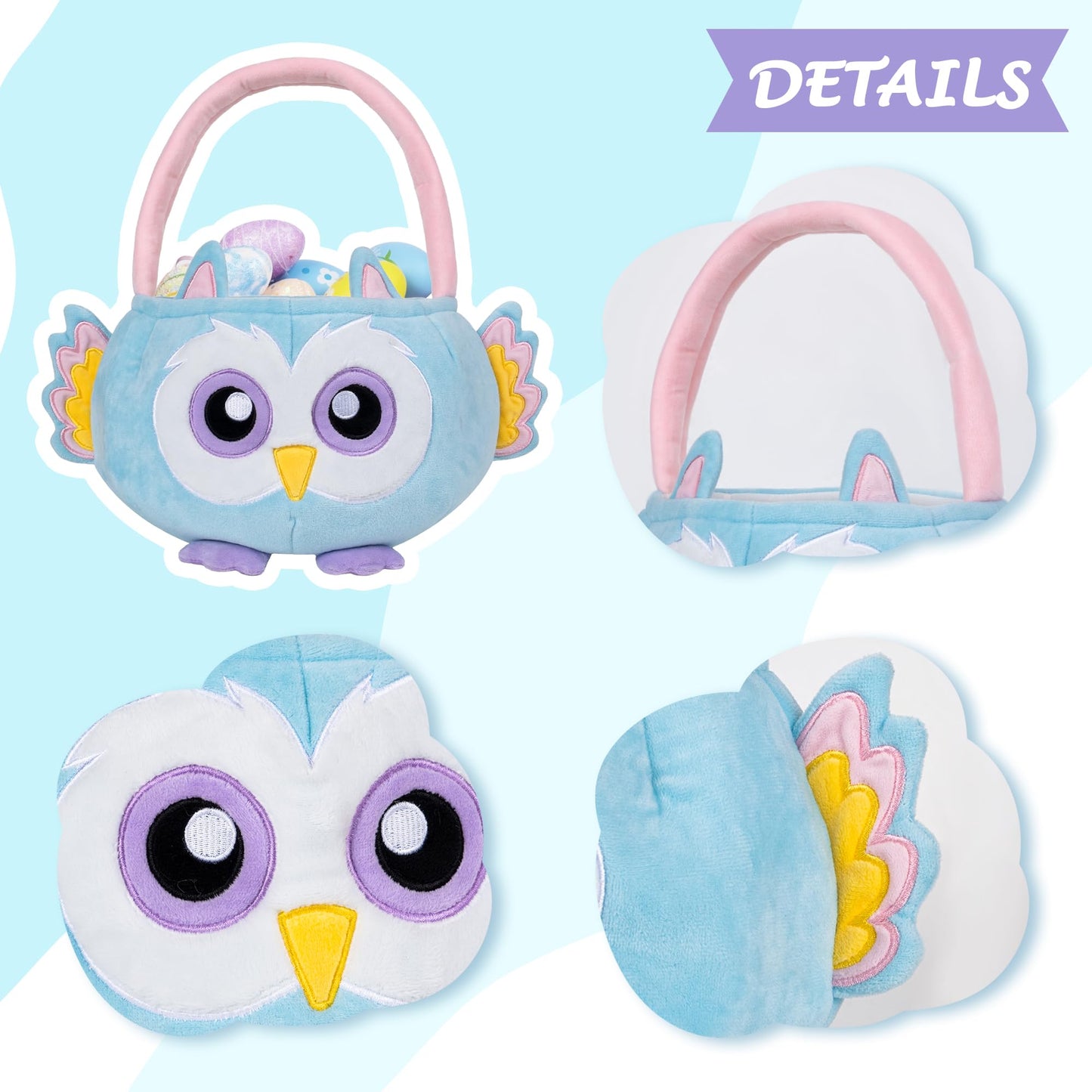 Lubot Owl Easter Basket For Kids, Cute Plush Empty Bucket With Small Ears And Handle Egg Hunt Tote Candy Bag Basket For Boys Gir