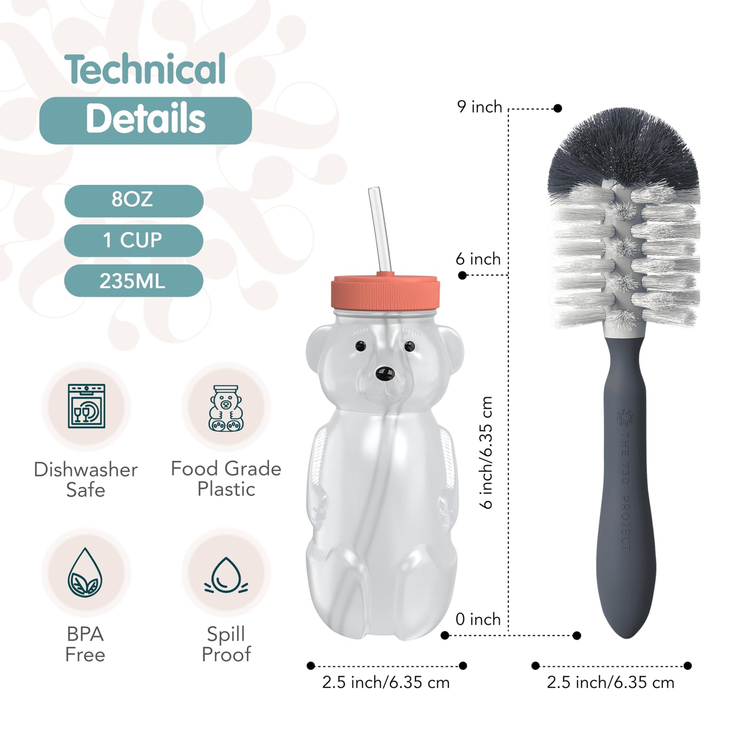 The 730 Project Honey Bear Straw Cup For Babies, 2-Pack Honey Bear Bottle With Travel Lid, Therapy Learning Honeybear Straw Cup,