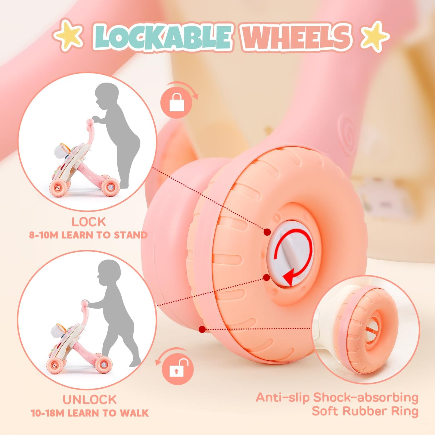 TOY Life 3 in 1 Baby Push Walker and Activity Center for Girl, Sit to Stand Walker for Babies 6-12 Months, Walking Toys with Mus