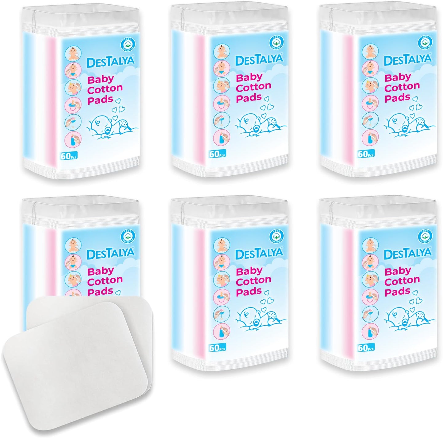 Destalya Baby Cotton Pads For Diaper Change | 360 Count | Soft Large Squares For Sensitive Skin | Lint-Free | 100% Cotton (Maxi