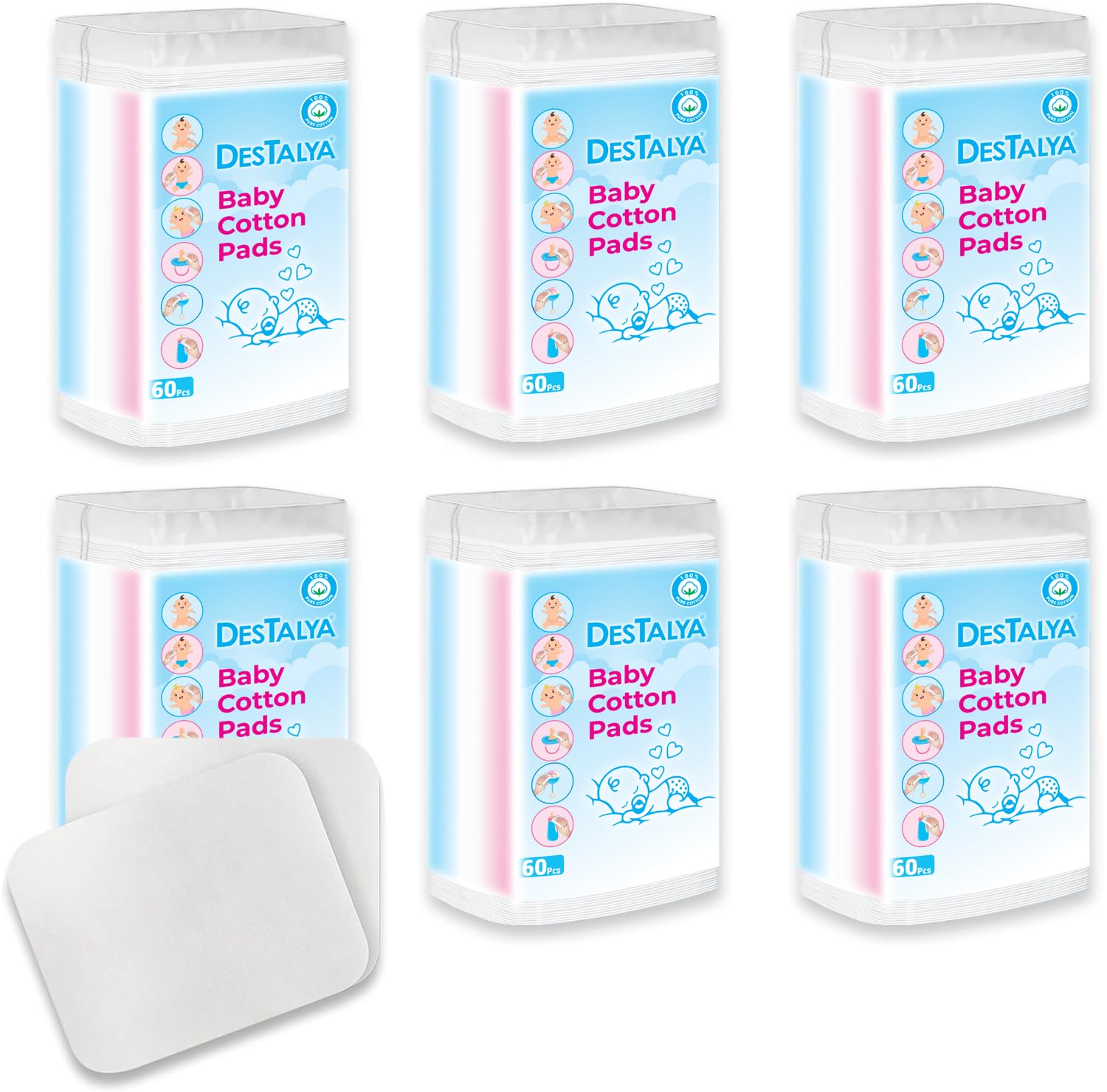 Destalya Baby Cotton Pads For Diaper Change | 360 Count | Soft Large Squares For Sensitive Skin | Lint-Free | 100% Cotton (Maxi
