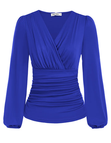 Wrap Tops For Women Vintage V Neck Top Lantern Sleeve Slim Fitted Casual Pleated Shirt Tops Royal Blue Xl