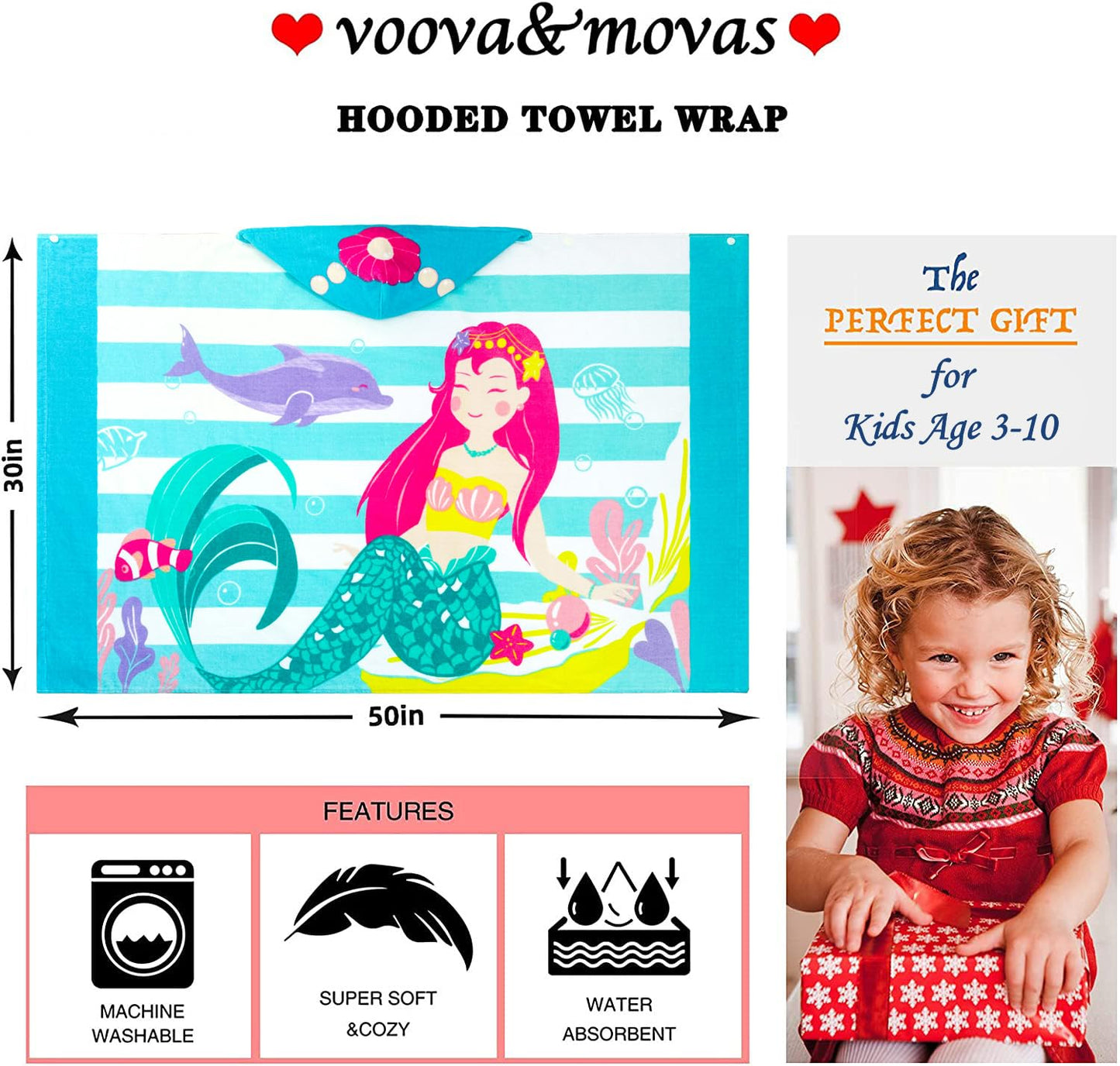 Voova & Movas Mermaid Towels With Hood,Cotton Soft Thick,For 3-10 Years, Hooded Towel For Kids Girls, Perfect For Beach, Pool, B