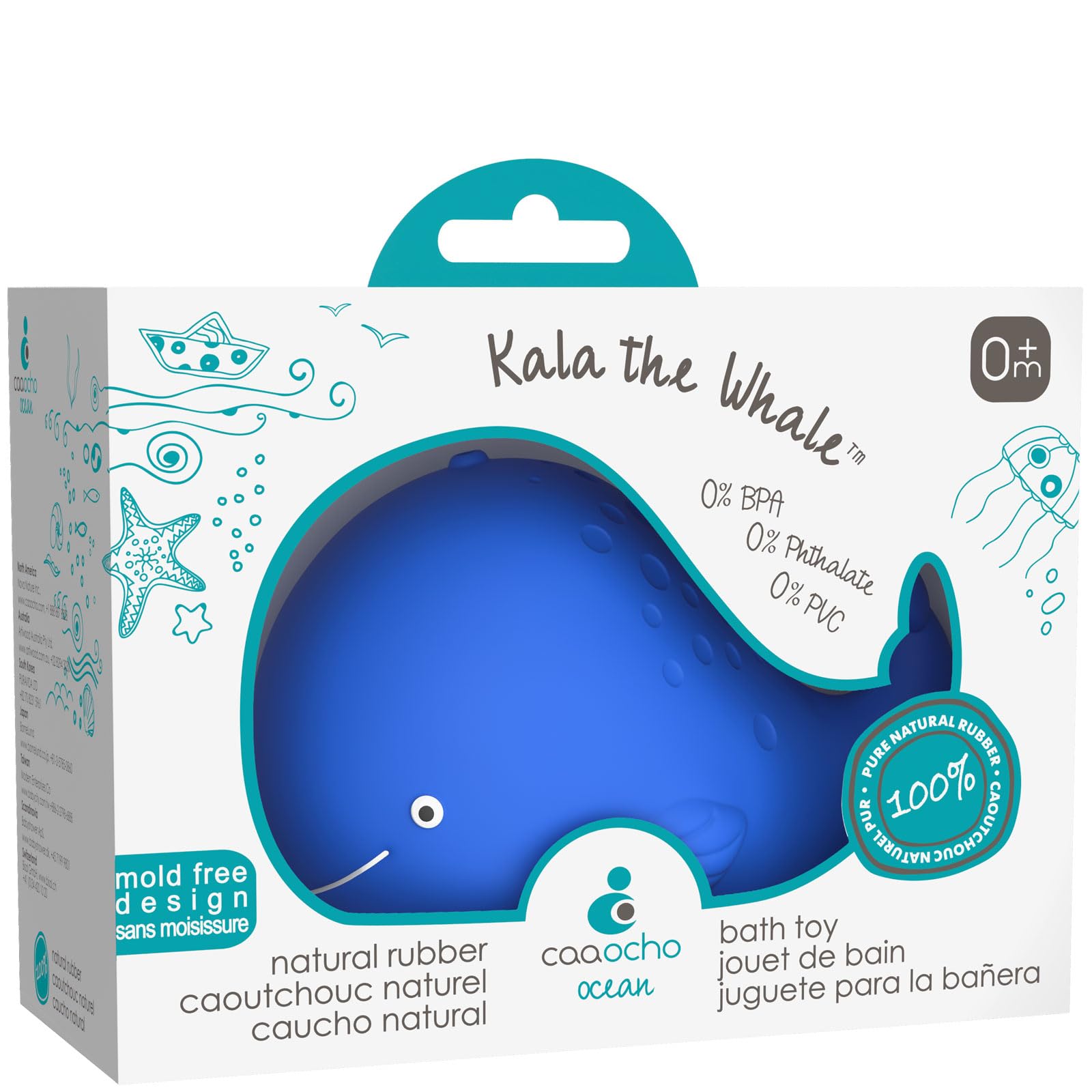 caaocho Pure Natural Rubber Bath Toy - Kala The Whale Baby Toy - Hole Free Bath Toys, BPA Free Bath Toys for Infants, without Ho