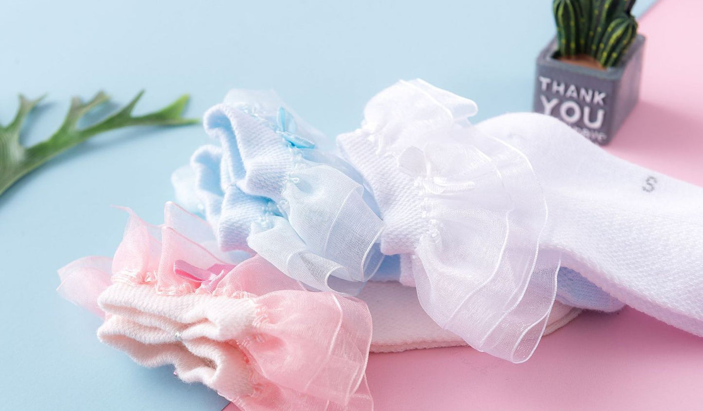 Domii Toddlers Girls Socks With Ruffles Baby Lace Ankle Socks With Bowknot Eyelet Frilly Mesh Socks 3-Pack Blue White And Pink S
