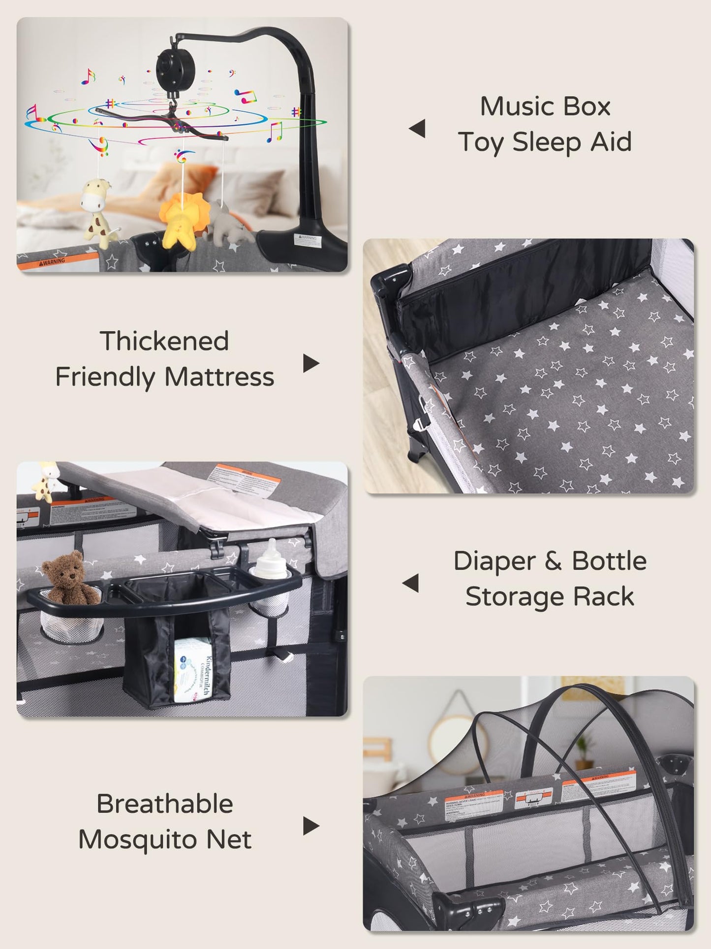 Biusikan Bedside Bassinet For Baby, Baby Crib With Mosquito Net, Mattress, Diaper Changer, Baby Playpen For Newborn To Toddles,