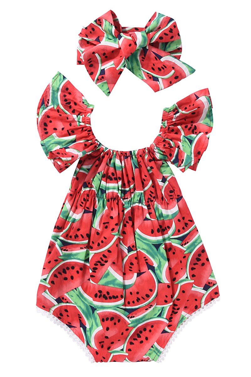 Newborn Baby Girls Watermelons Printed Ruffle Bodysuit With Headband (612M, Watermelon)