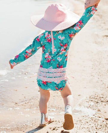 Rufflebutts Baby Girls Upf 50+ Sun Protection Floral Printed Long Sleeve One Piece Rash Guard Swimsuit With Zipper - Fancy Me Fl
