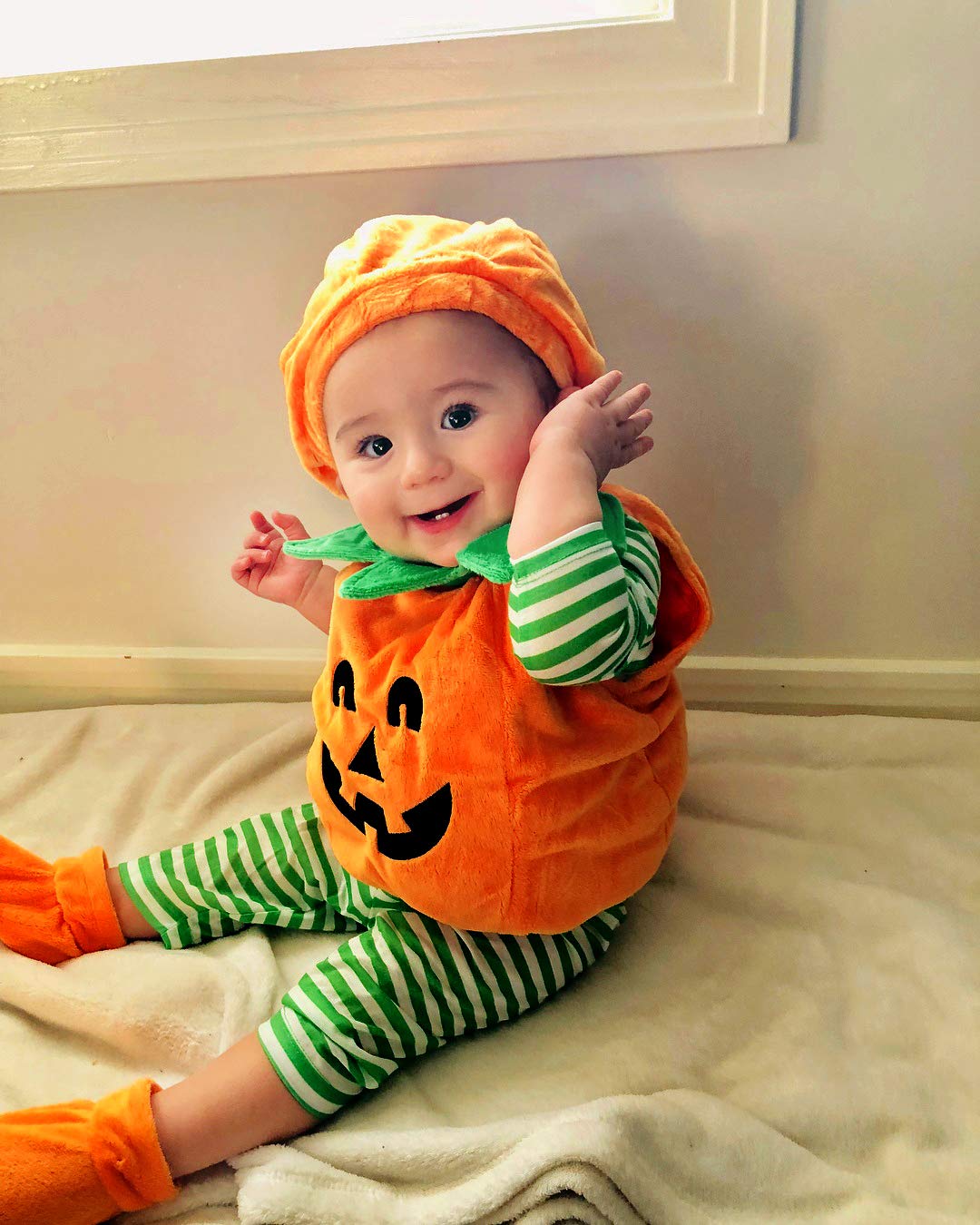 Bagilaanoe Toddler Baby Boy Girl Halloween Outfit Pumpkin Bodysuit Halloween Costumes Romper Tops Hat Footies (A-Orange, 6-12 Mo