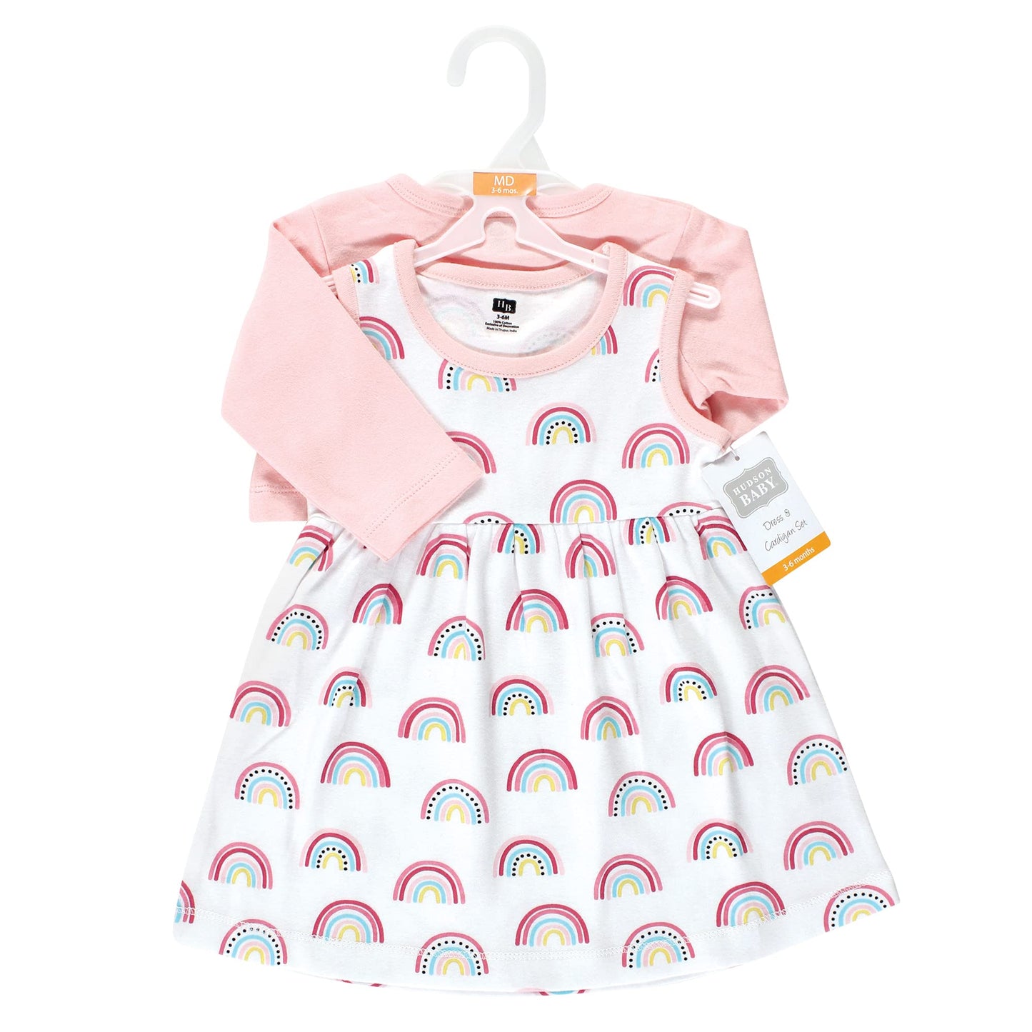 Hudson Baby Baby Girls' Cotton Dress And Cardigan Set, Modern Rainbow, 18-24 Months