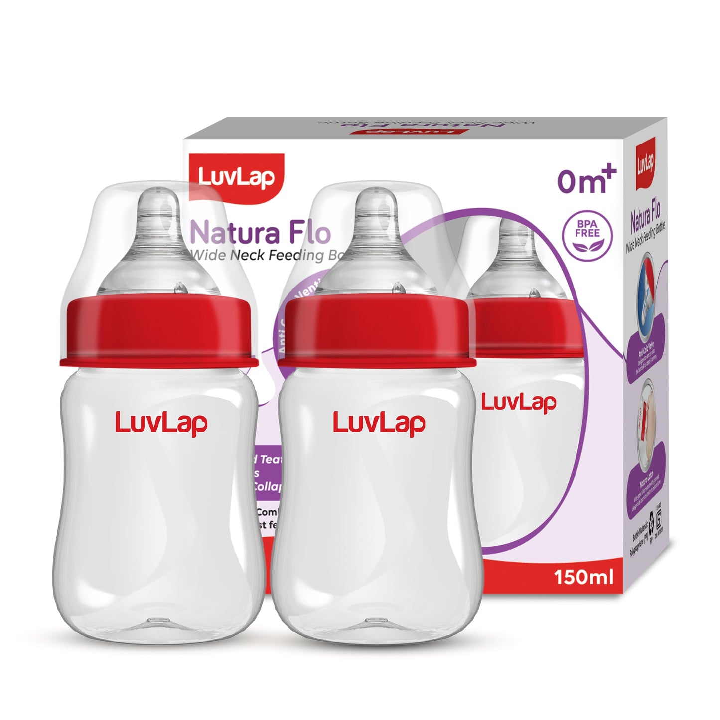 Luvlap AntiColic Wide Neck Natura Flo Baby Plastic Feeding Bottle, 150Ml (Pack Of 2), New Born/Infants/Toddler Upto 3 Years, Bp