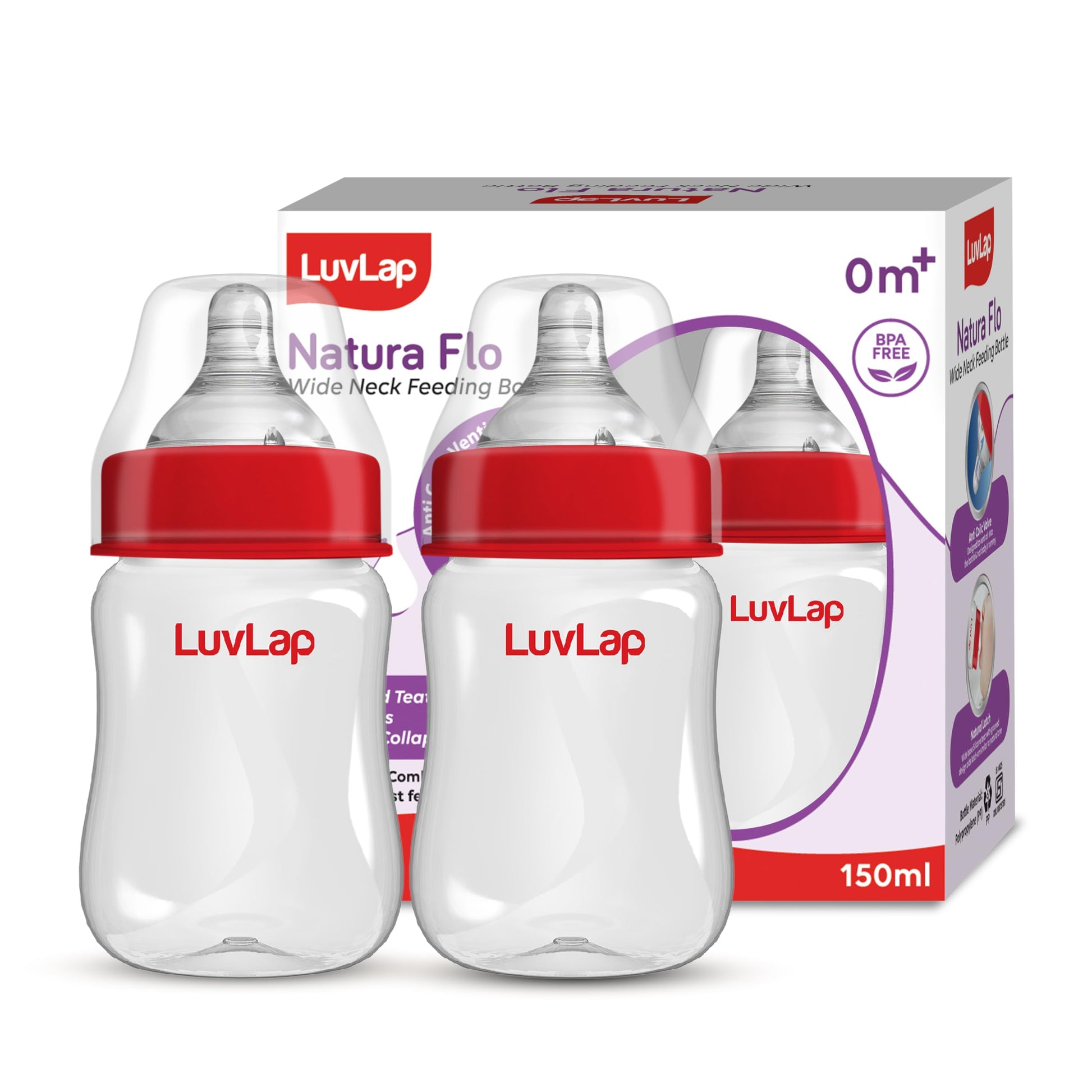 Luvlap AntiColic Wide Neck Natura Flo Baby Plastic Feeding Bottle, 150Ml (Pack Of 2), New Born/Infants/Toddler Upto 3 Years, Bp